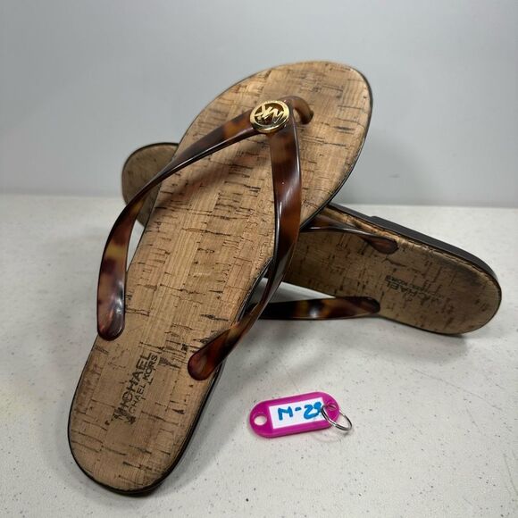 MICHAEL KORS Leopard Tortoise Jelly Cork Thongs Sandal Flip Flops Silver Sz 9 - Picture 1 of 8